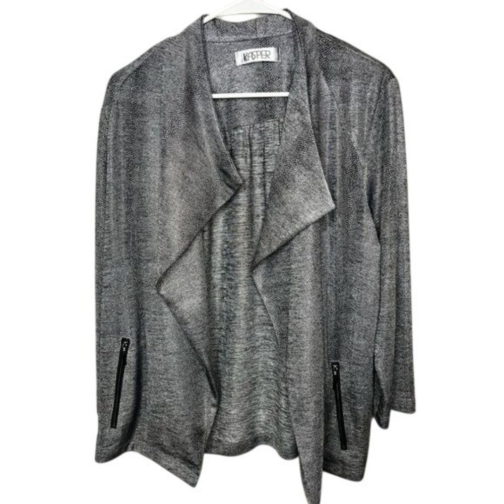 Kasper Gray Open Front Waterfall Cardigan Jacket With Zipper Pockets Large